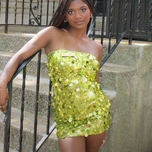 Green Sequin Strapless Mini Dress